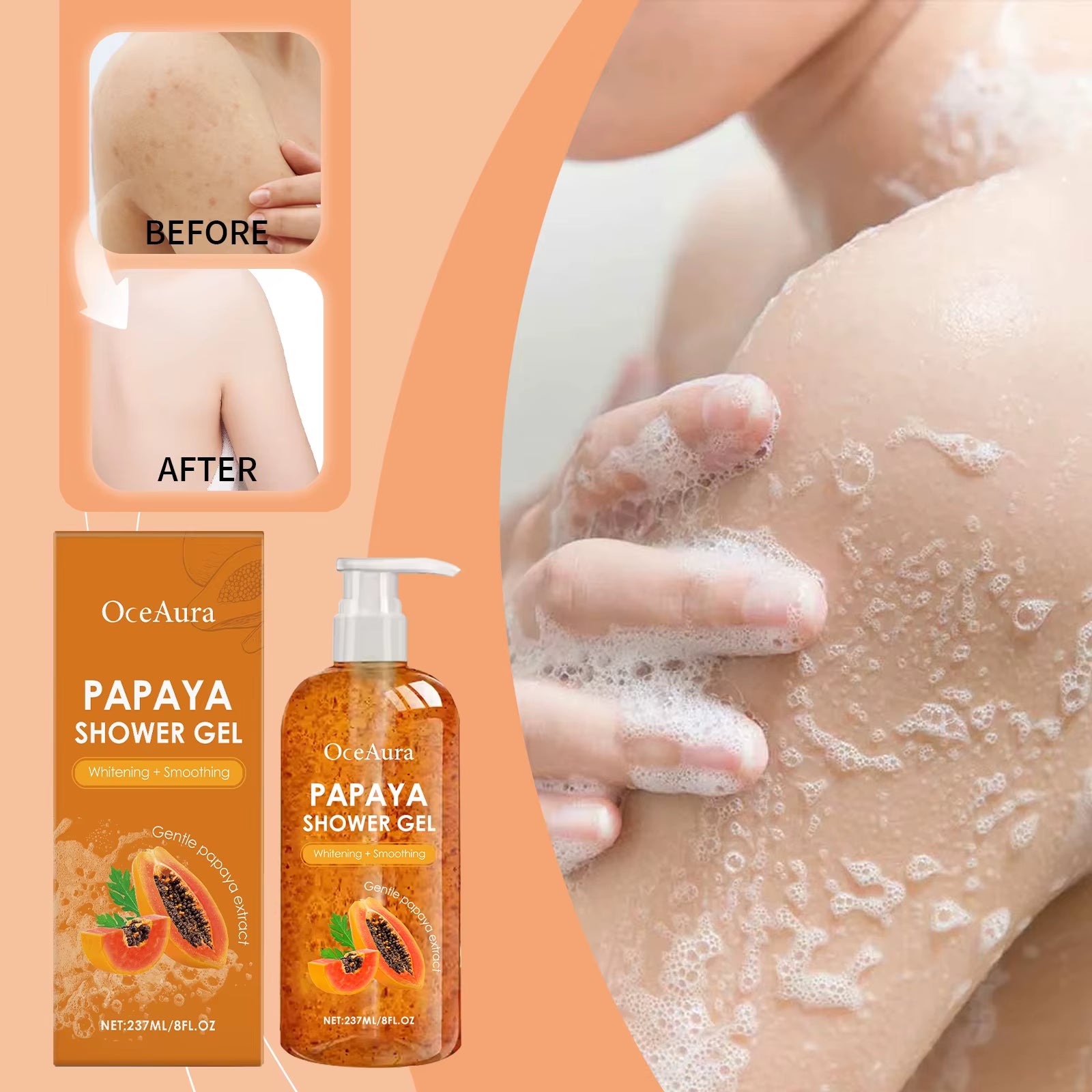 Papaya Whitening Shower Gel Exfoliating Fade Pigmentation Lasting Aroma Refreshing Control Oil Hydrating Rich Foam Body Wash
